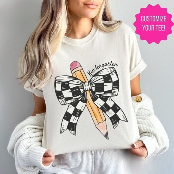 Unbranded Other - Personalized Back to School Teacher T- Shirt, Retro Teacher Coquette Pencil Bow